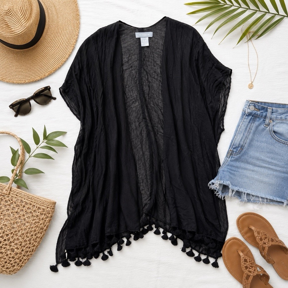 Nordstrom Black Tassel Trim Open Front Kimono Cover up One Size Sheer Whimsigoth